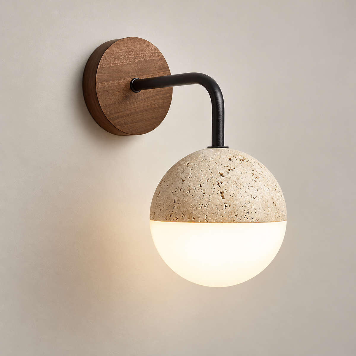 Tia Japandi Travertine Wall Sconce on a warm greige background; Walnut color & Beige