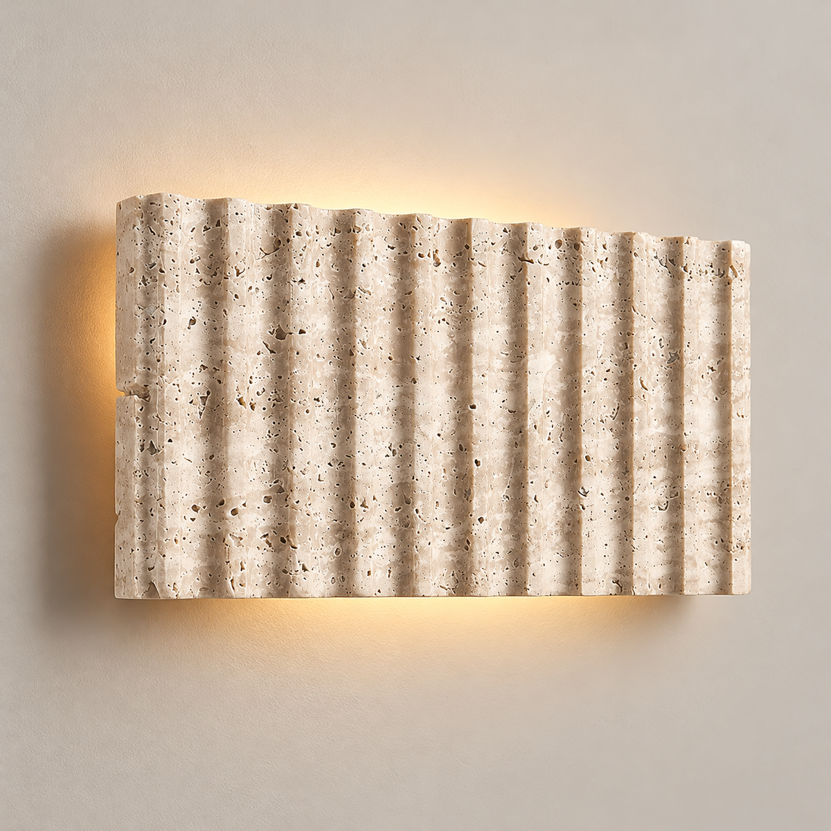 Grille Japandi Travertine Wall Sconce on a warm greige background; Beige / horizontal