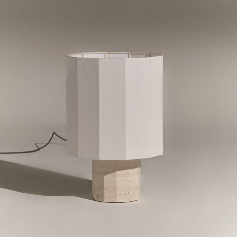 Roma Art Deco Dodecagon Travertine Table Lamp — D 35cm x H 52cm / ∅ 13.8″ x H 20.5″; Beige Travertine & White