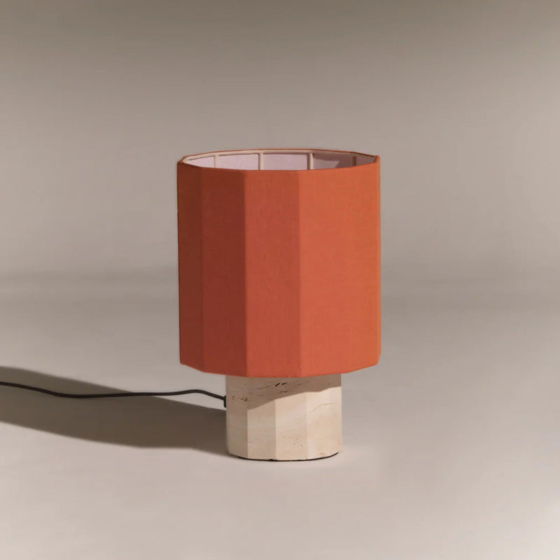 Roma Art Deco Dodecagon Travertine Table Lamp — D 29cm x H 44cm / ∅ 11.4″ x H 17.3″; Beige Travertine & Red