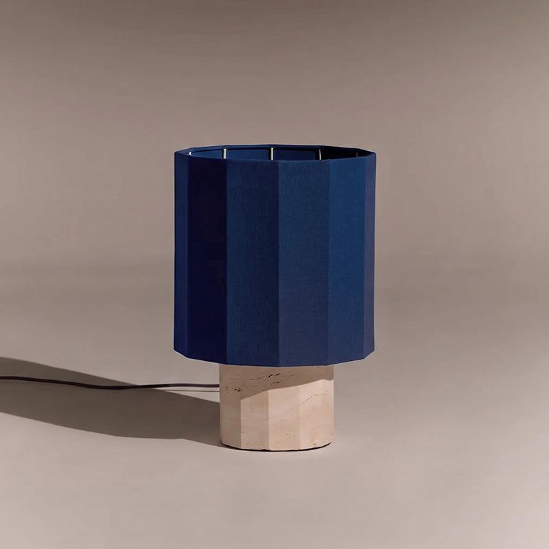Roma Art Deco Dodecagon Travertine Table Lamp — D 29cm x H 44cm / ∅ 11.4″ x H 17.3″; Beige Travertine & Blue