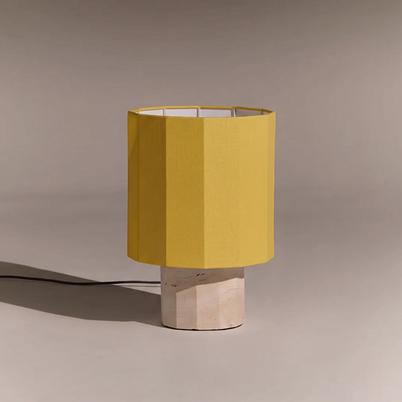 Roma Art Deco Dodecagon Travertine Table Lamp — D 29cm x H 44cm / ∅ 11.4″ x H 17.3″; Beige Travertine & Yellow