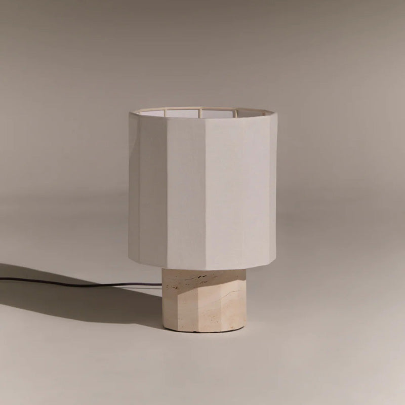 Roma Art Deco Dodecagon Travertine Table Lamp — D 29cm x H 44cm / ∅ 11.4″ x H 17.3″; Beige Travertine & White