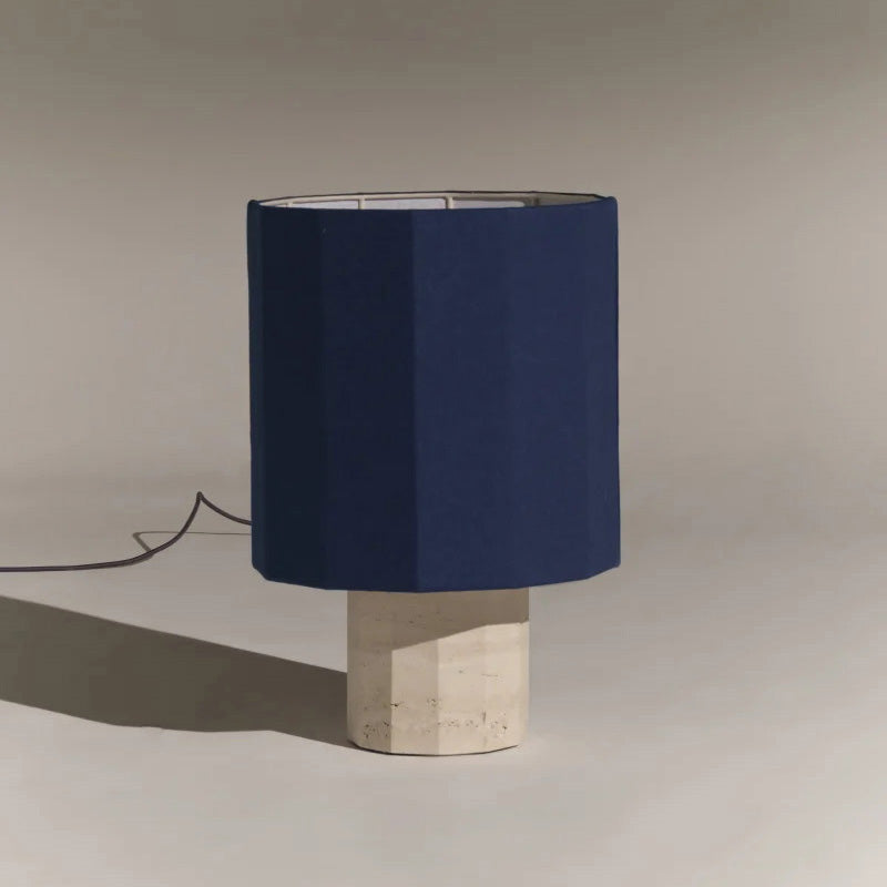 Roma Art Deco Dodecagon Travertine Table Lamp — D 35cm x H 52cm / ∅ 13.8″ x H 20.5″; Beige Travertine & Blue