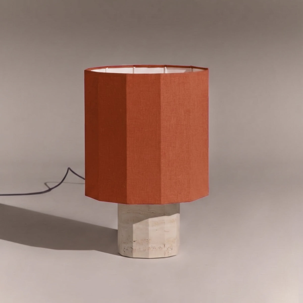 Roma Art Deco Dodecagon Travertine Table Lamp — D 35cm x H 52cm / ∅ 13.8″ x H 20.5″; Beige Travertine & Red
