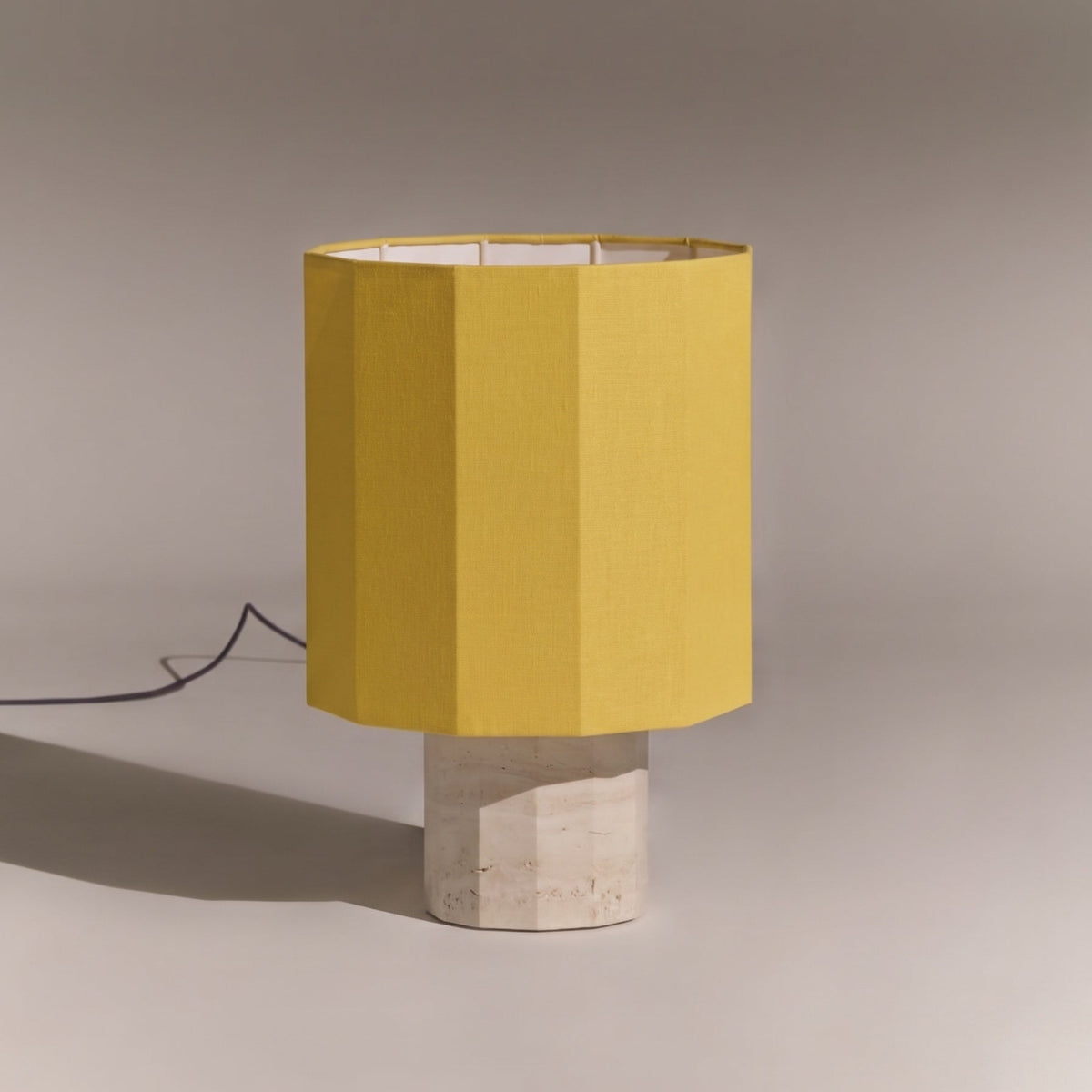 Roma Art Deco Dodecagon Travertine Table Lamp — D 35cm x H 52cm / ∅ 13.8″ x H 20.5″; Beige Travertine & Yellow
