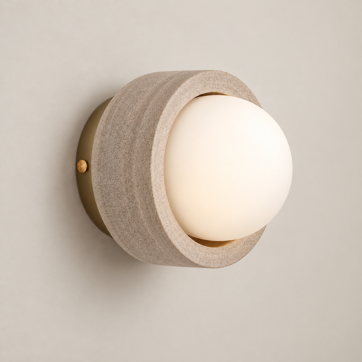 Pearla Japandi Travertine Wall Sconce on a warm greige background; Beige stone collar white globe wall light