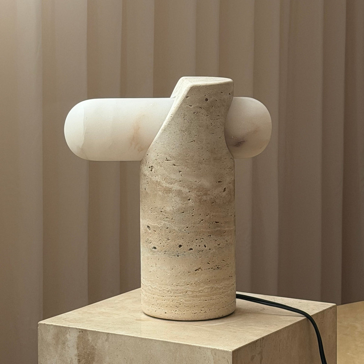 VIA Travertine LED Table Lamp — L 13cm x W 28cm x H 32cm / L 5.1″ x W 11″ x H 12.6″; Beige & White (Warm Light)