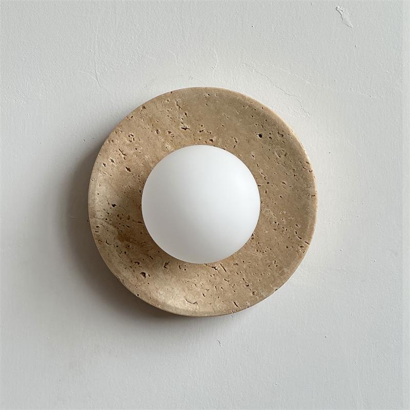 Calvora Travertine Globe Wall Sconce — D 16cm x H 16cm / ∅ 6.3″ x H 6.3″; Beige & White glass