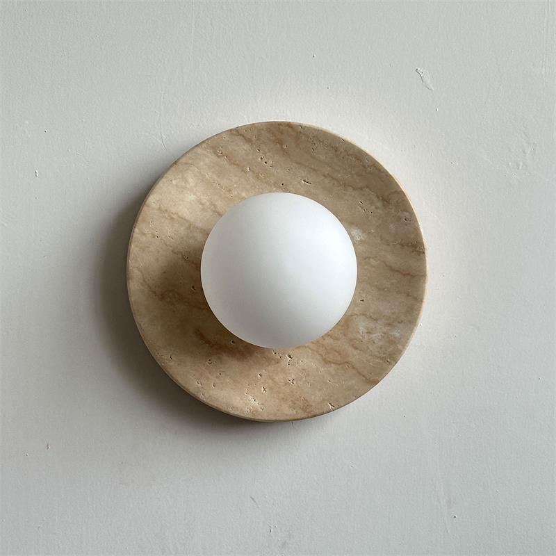 Calvora Travertine Globe Wall Sconce — D 20cm x H 20cm / ∅ 7.9″ x H 7.9″; Beige & White glass