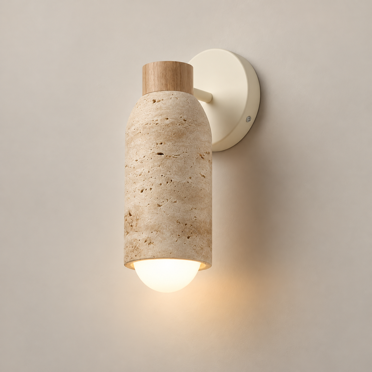 Pompeii Travertine Wall Sconce on a warm greige background; Beige bottle cylinder light wood cap