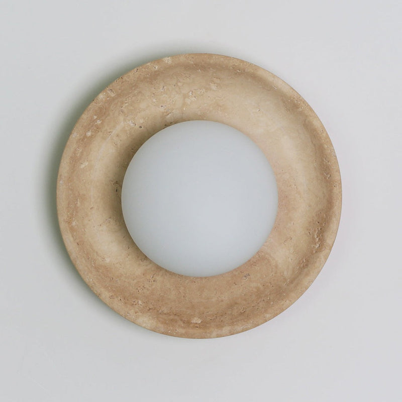Eretoq Travertine Globe Wall Sconce — Model B : L 25cm x H 25cm / L 9.8″ x H 9.8″; Beige & White glass