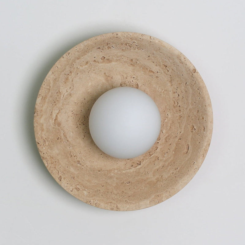 Eretoq Travertine Globe Wall Sconce — Model A : L 25cm x H 25cm / L 9.8″ x H 9.8″; Beige & White glass