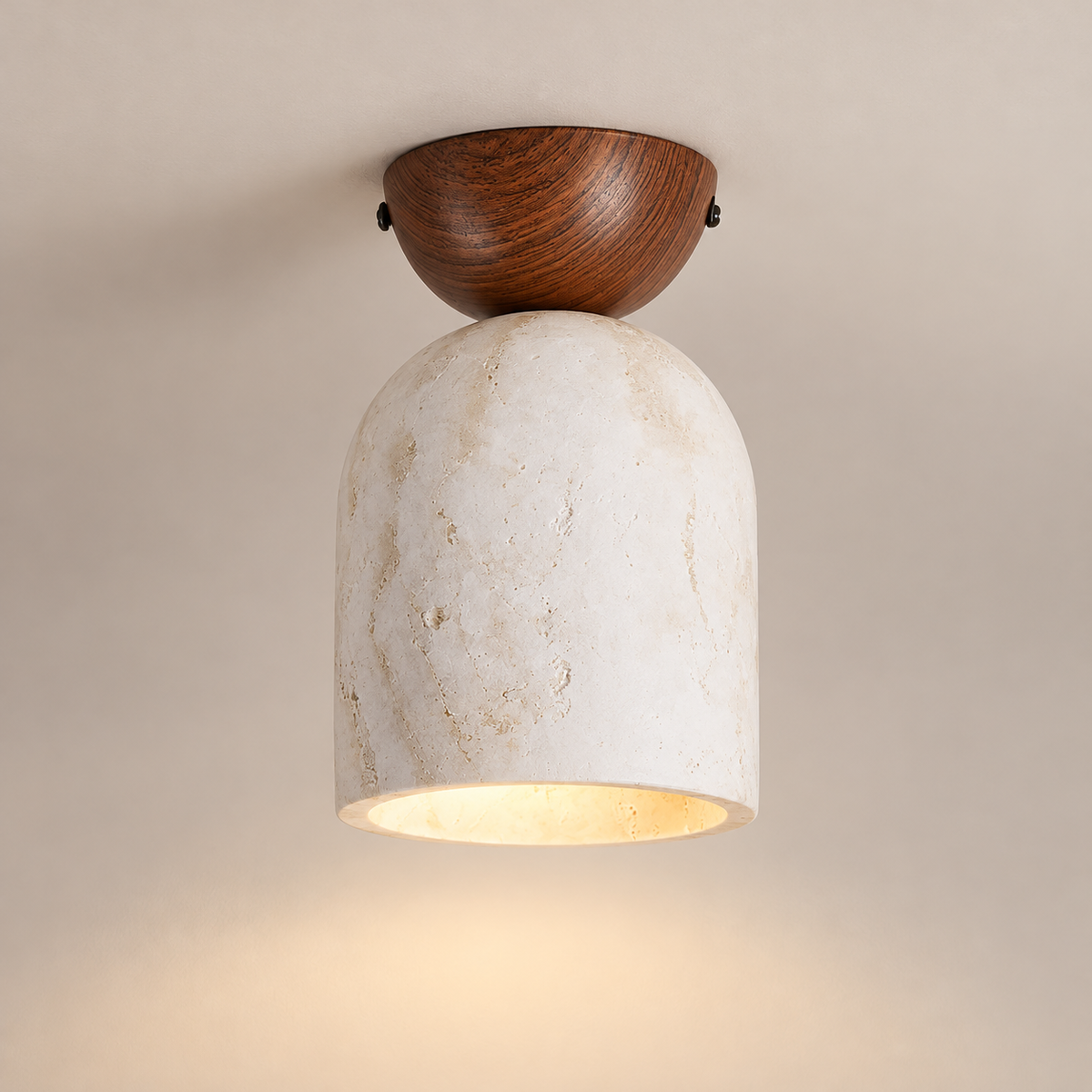 Terrene Cone Travertine Ceiling Light on a warm greige background; Walnut cup white domed stone cylinder