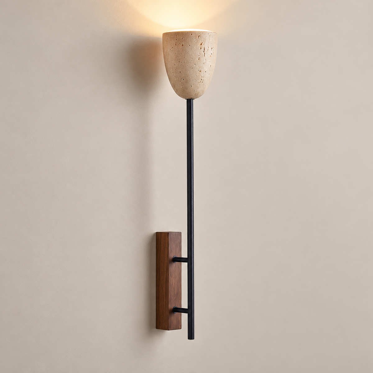Ausband Travertine Wall Sconce on a warm greige background; Beige / Upward / 71 cm