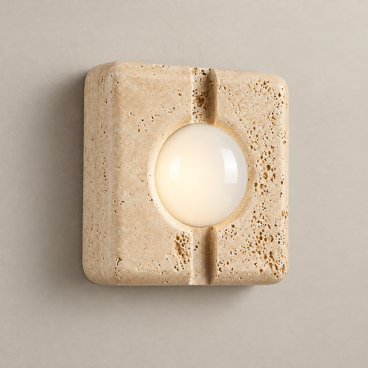 Camera Travertine LED Wall Sconce on a warm greige background; Beige / 15 cm