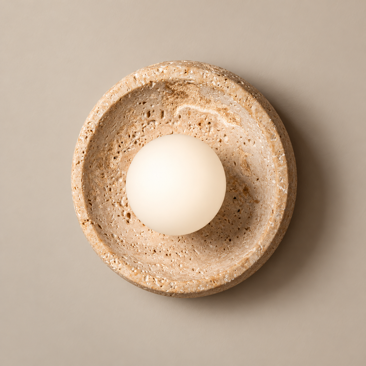 Faro Japandi Travertine Wall Sconce on a warm greige background; Beige / 23.5 cm