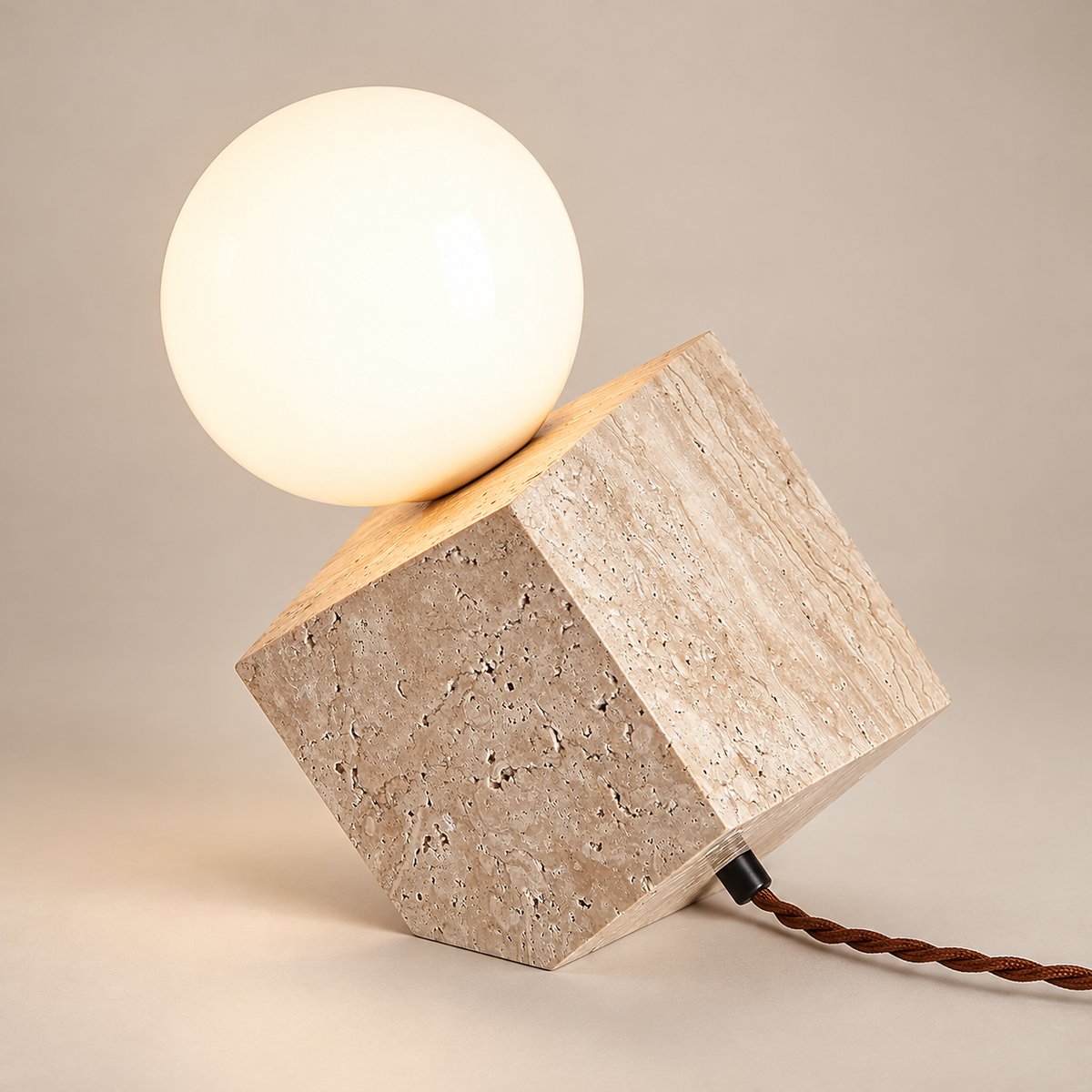 Minimalist Cube Stone Table Lamp on a warm greige background; Beige / 20 cm