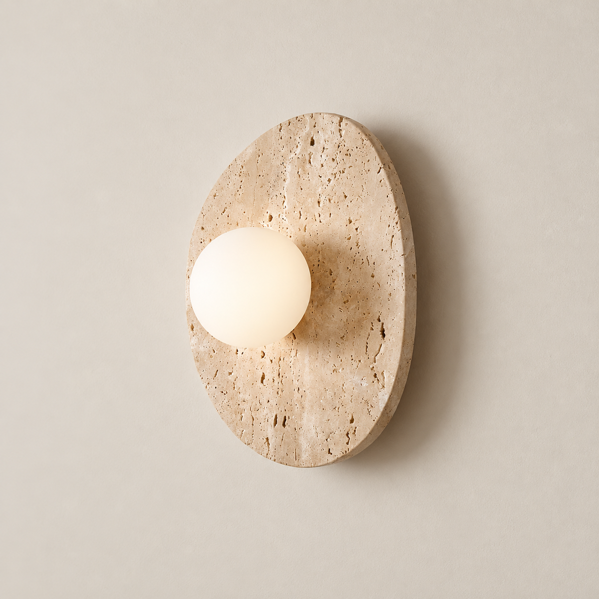Element Japandi Travertine Wall Sconce on a warm greige background; Beige / 25 cm