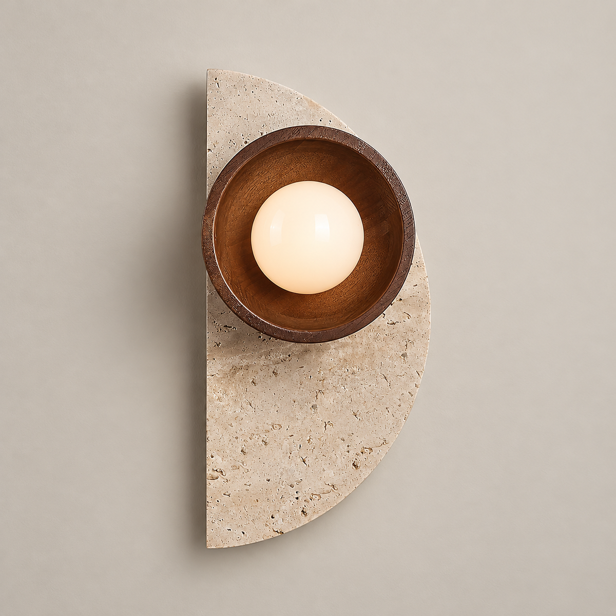 Ambiance Travertine Wall Sconce on a warm greige background; Beige & Walnut / 35 cm