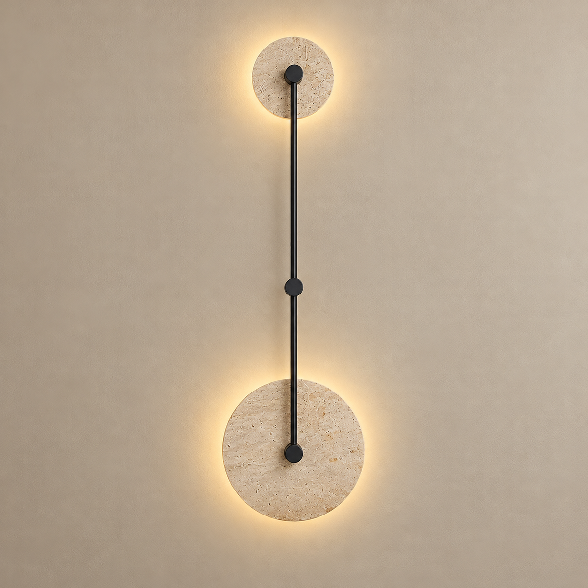 Twin Disc Travertine LED Wall Sconce on a warm greige background; Beige / 80 cm
