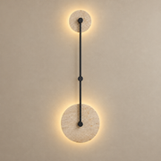 Twin Disc Travertine LED Wall Sconce on a warm greige background; Beige / 80 cm