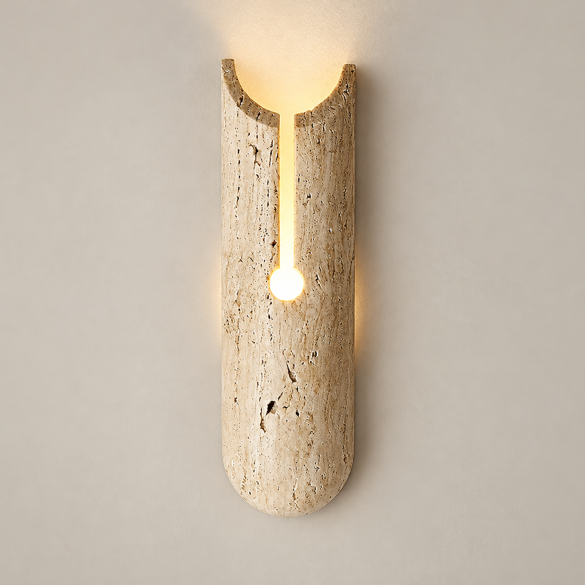 Pille Japandi Travertine Wall Sconce on a warm greige background; Beige / 30 cm