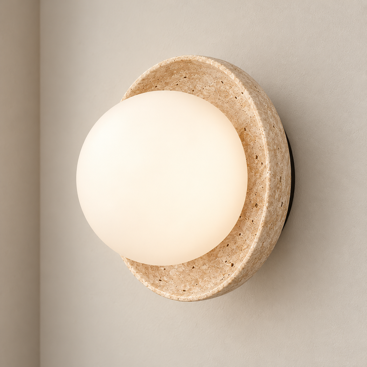 Beige travertine wall sconce with projecting opal glass globe mounted on a warm greige wall