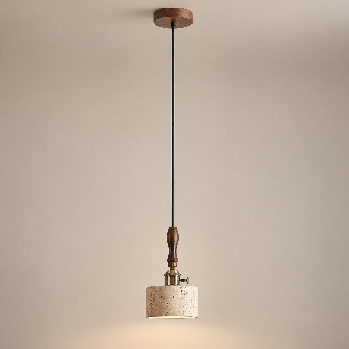 Franciska Travertine Pendant Light on a warm greige background; Walnut & Beige / 12 cm