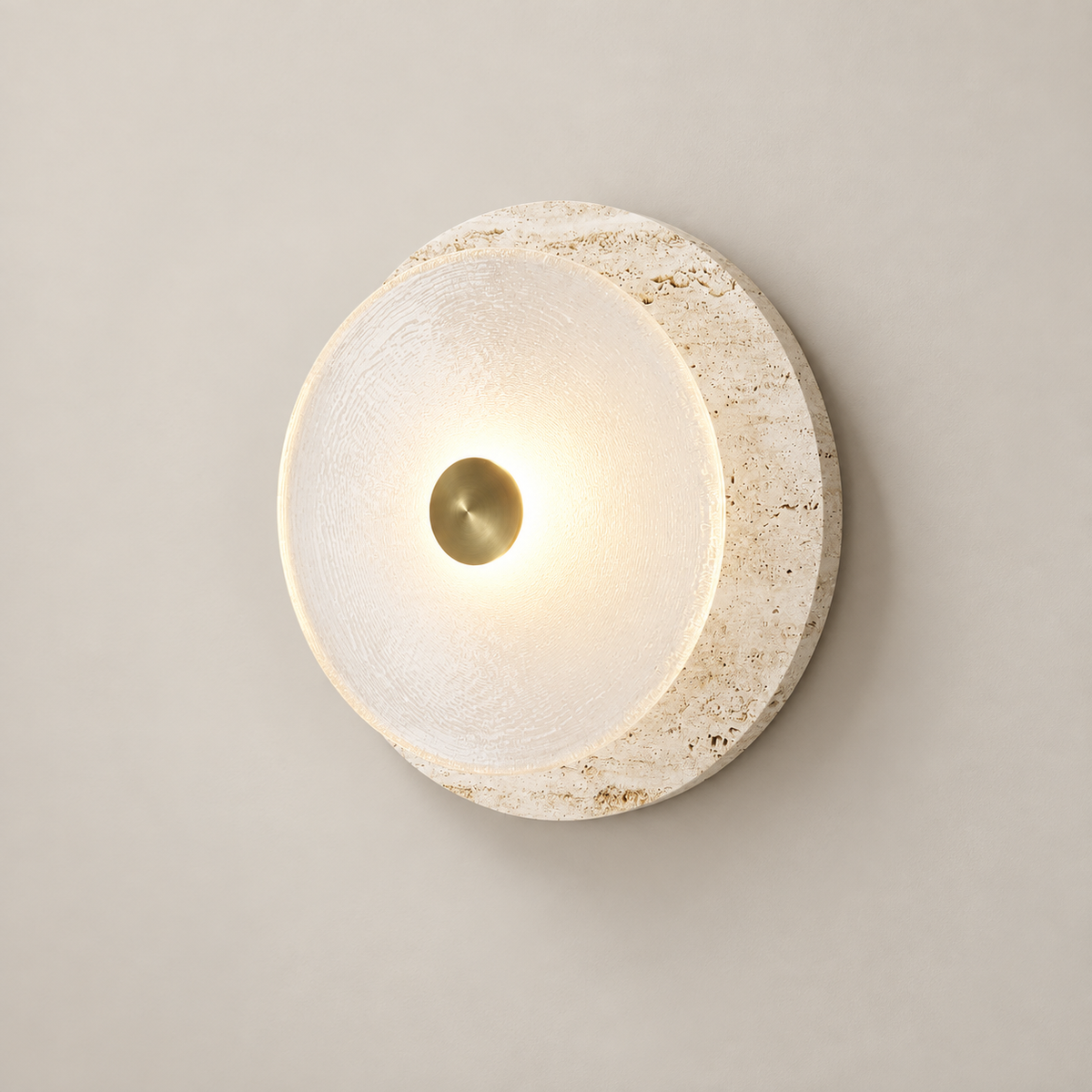 Coral Travertine LED Wall Sconce on a warm greige background; White & Brass / 18 cm