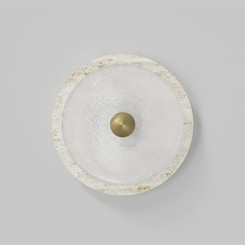 Coral Travertine LED Wall Sconce — D 18cm x H 18cm / D 7.1″ x H 7.1″; White & Brass