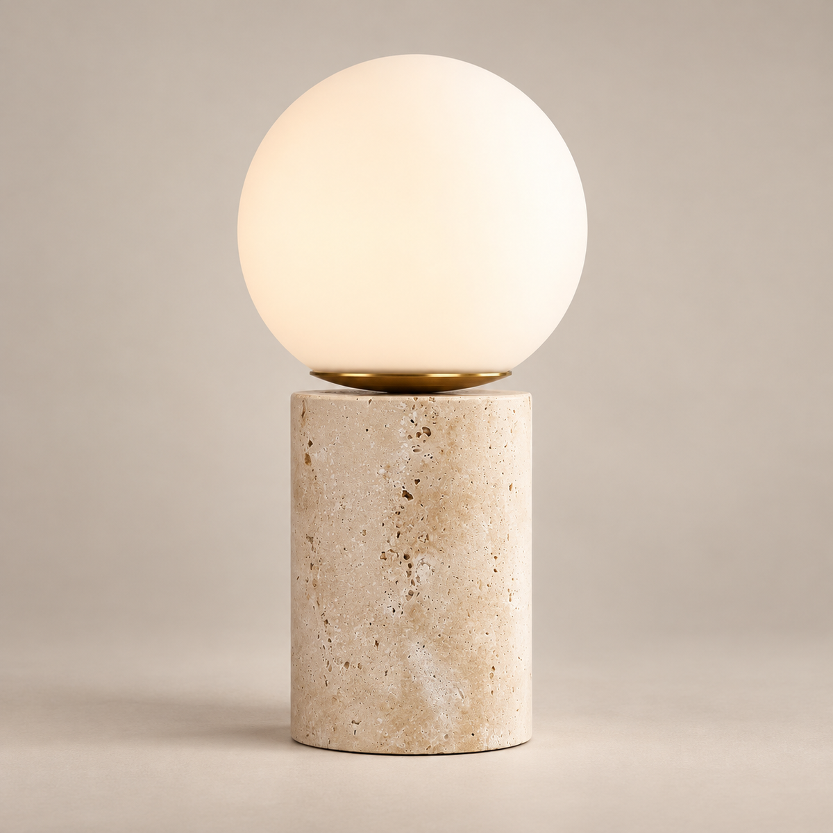 Deeluxe Mid-Century Travertine Table Lamp on a warm greige background; Beige & White / 29 cm