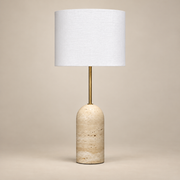 Holt Minimalist Travertine Table Lamp on a warm greige background; Beige & White / 70 cm