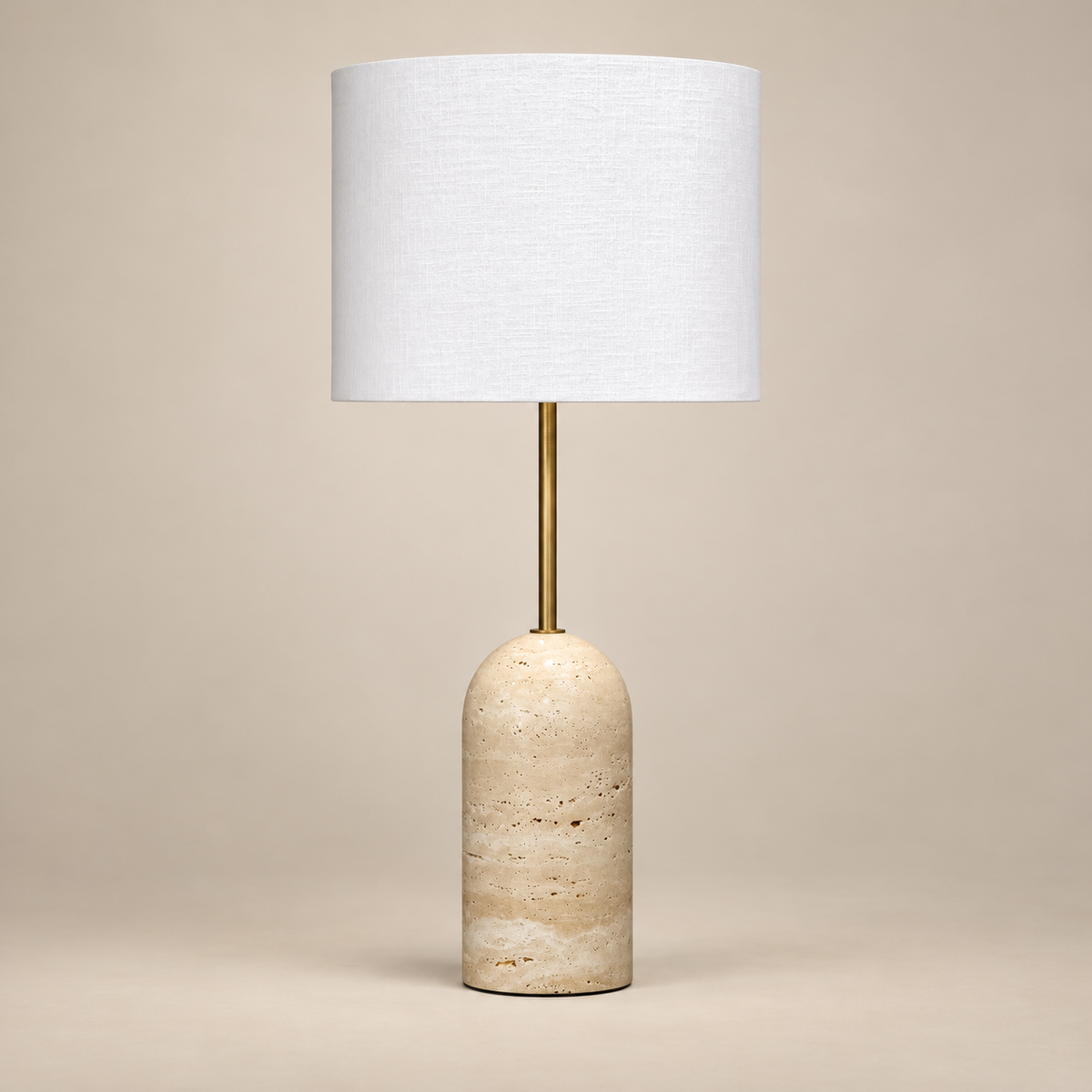 Holt Minimalist Travertine Table Lamp on a warm greige background; Beige & White / 70 cm