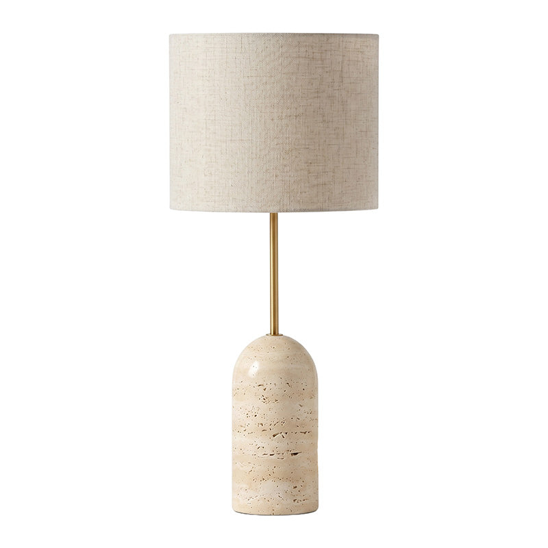 Holt Minimalist Travertine Table Lamp — D 30.5cm x H 70cm / ∅ 12″ x H 27.6″; Beige & Linen