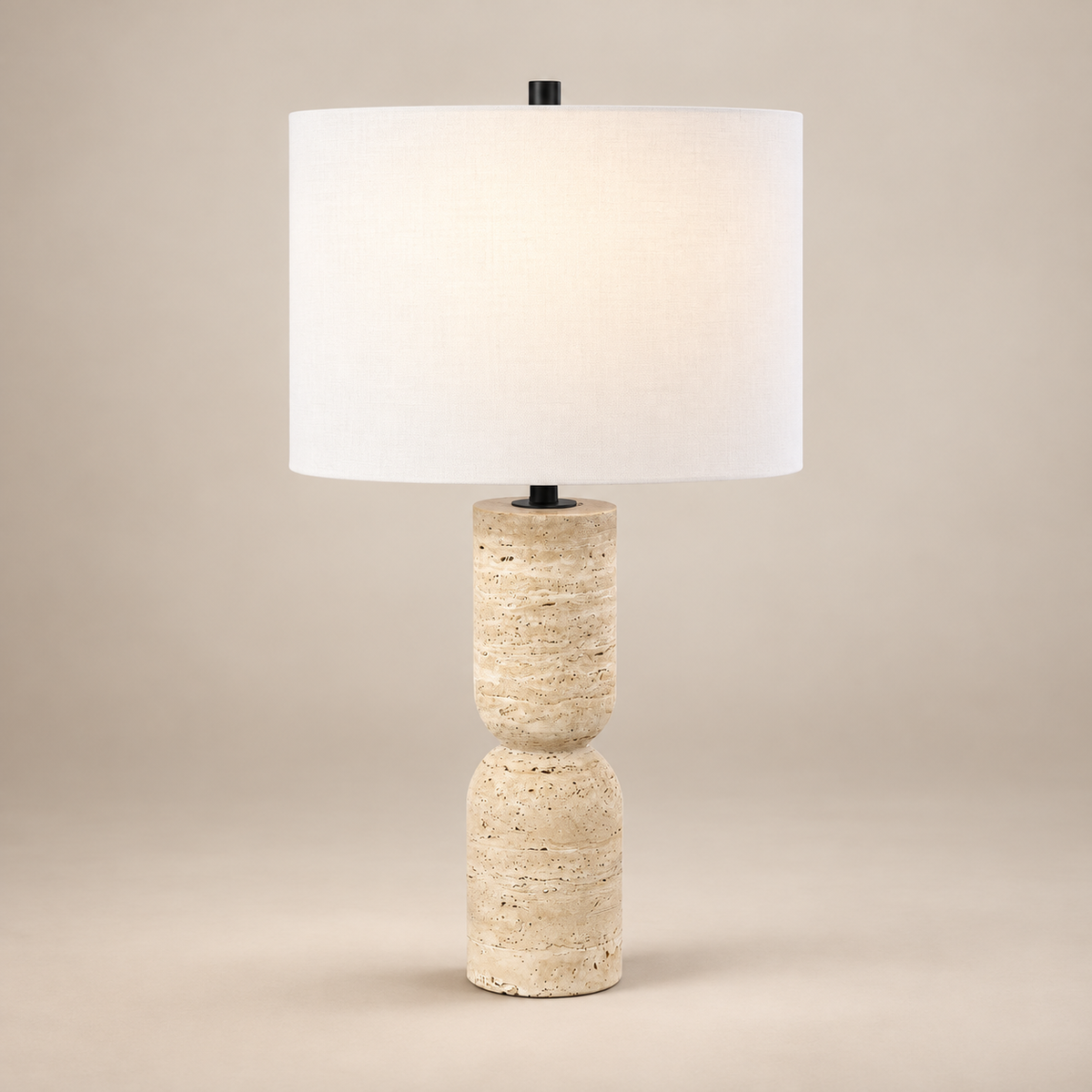 Jamia Minimalist Travertine Table Lamp on a warm greige background; Beige & White / 64 cm