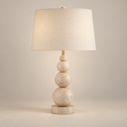 Niobe Travertine Table Lamp on a warm greige background; Beige & White / 70 cm