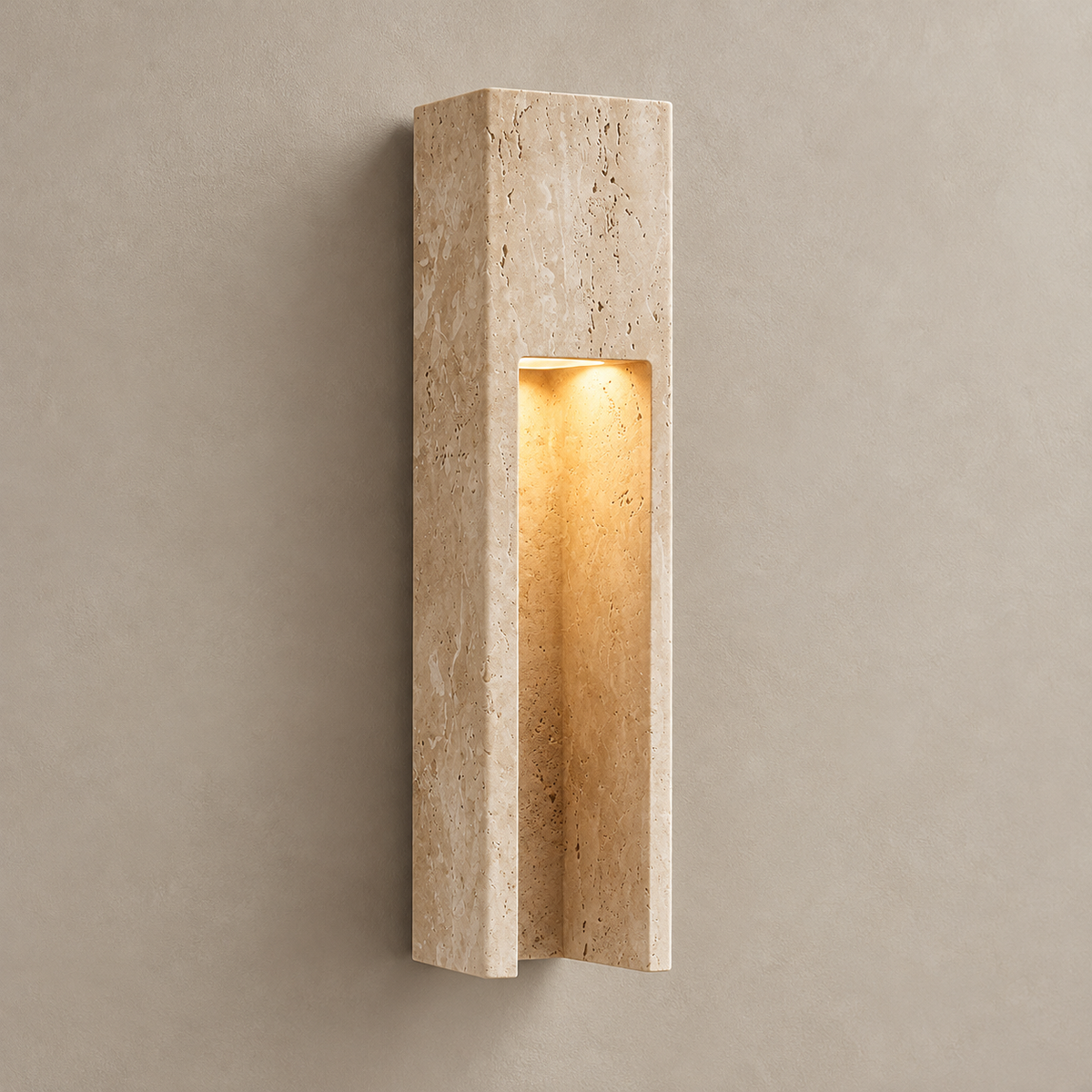 Graziano Japandi Travertine Wall Sconce on a warm greige background