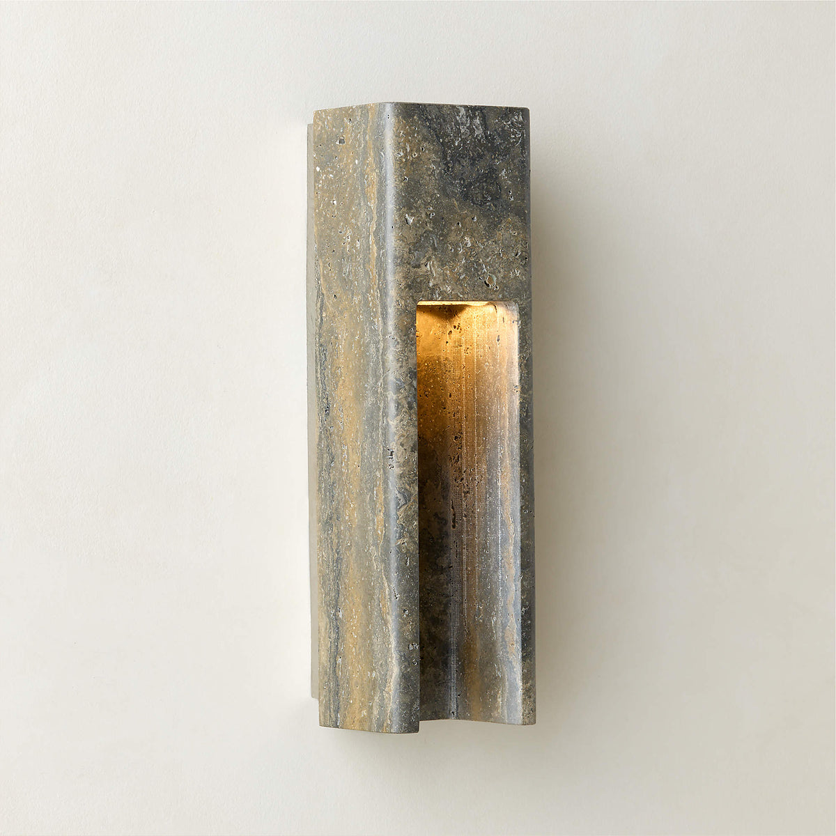 Graziano Japandi Travertine Wall Sconce — L 13cm x W 12cm x H 44.5cm / L 5.1″ x W 4.7″ x H 17.5″; Silver Gray Travertine