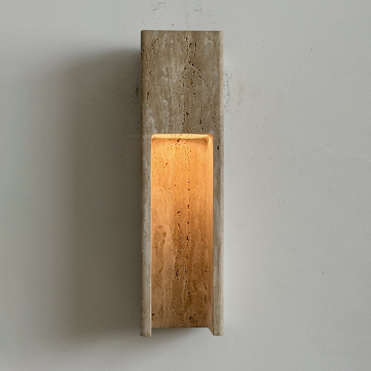 Graziano Japandi Travertine Wall Sconce — L 13cm x W 12cm x H 44.5cm / L 5.1″ x W 4.7″ x H 17.5″; Beige Travertine