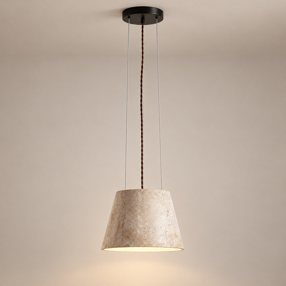 Talma Travertine Pendant Light on a warm greige background; Talma D30 / beige cone / long suspension