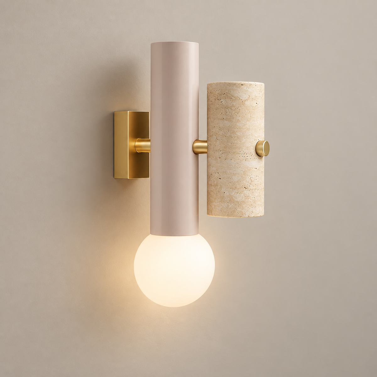 Pyppe Travertine Wall Sconce on a warm greige background; Pyppe light pink / beige stone / gold