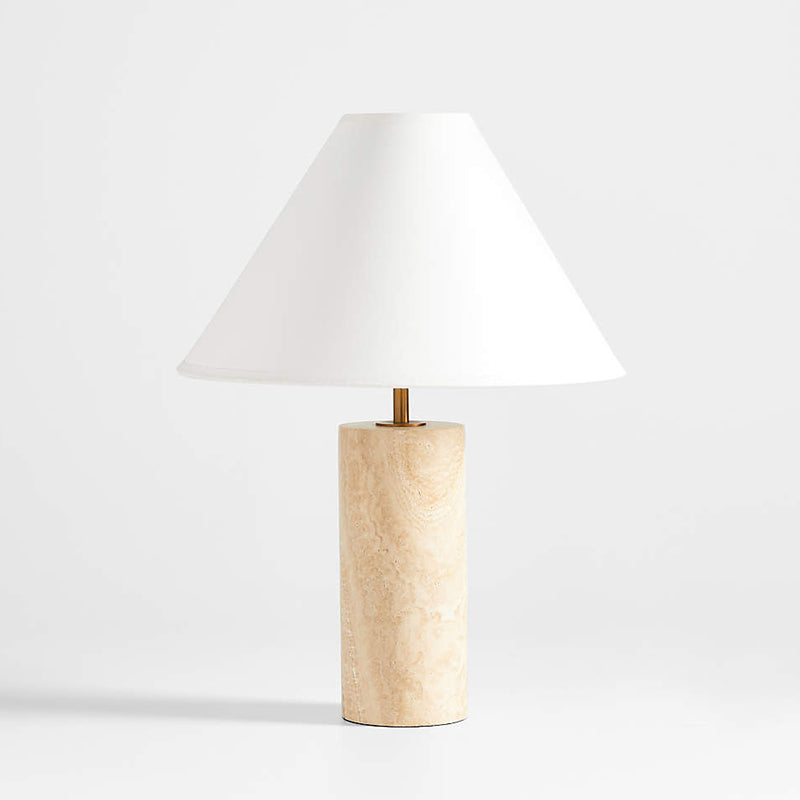Navagio Japandi Travertine Table Lamp — D 35cm x H 47cm / ∅ 13.8″ x H 18.5″; Beige & White