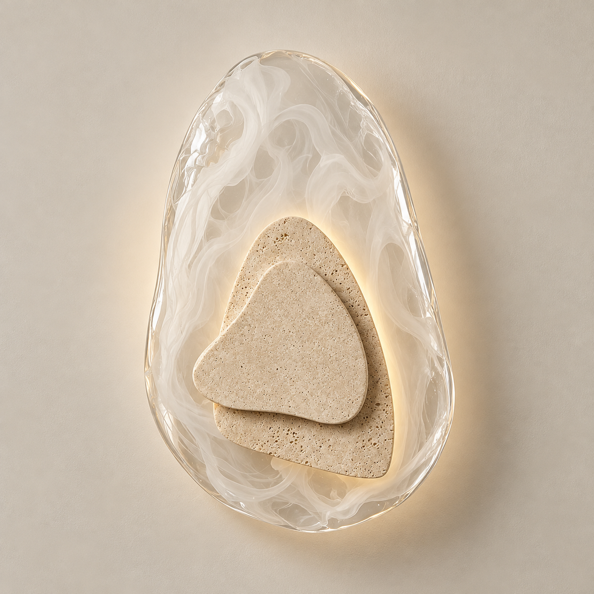 Petra Travertine LED Wall Sconce on a warm greige background; Beige layered stone and swirled clear glass