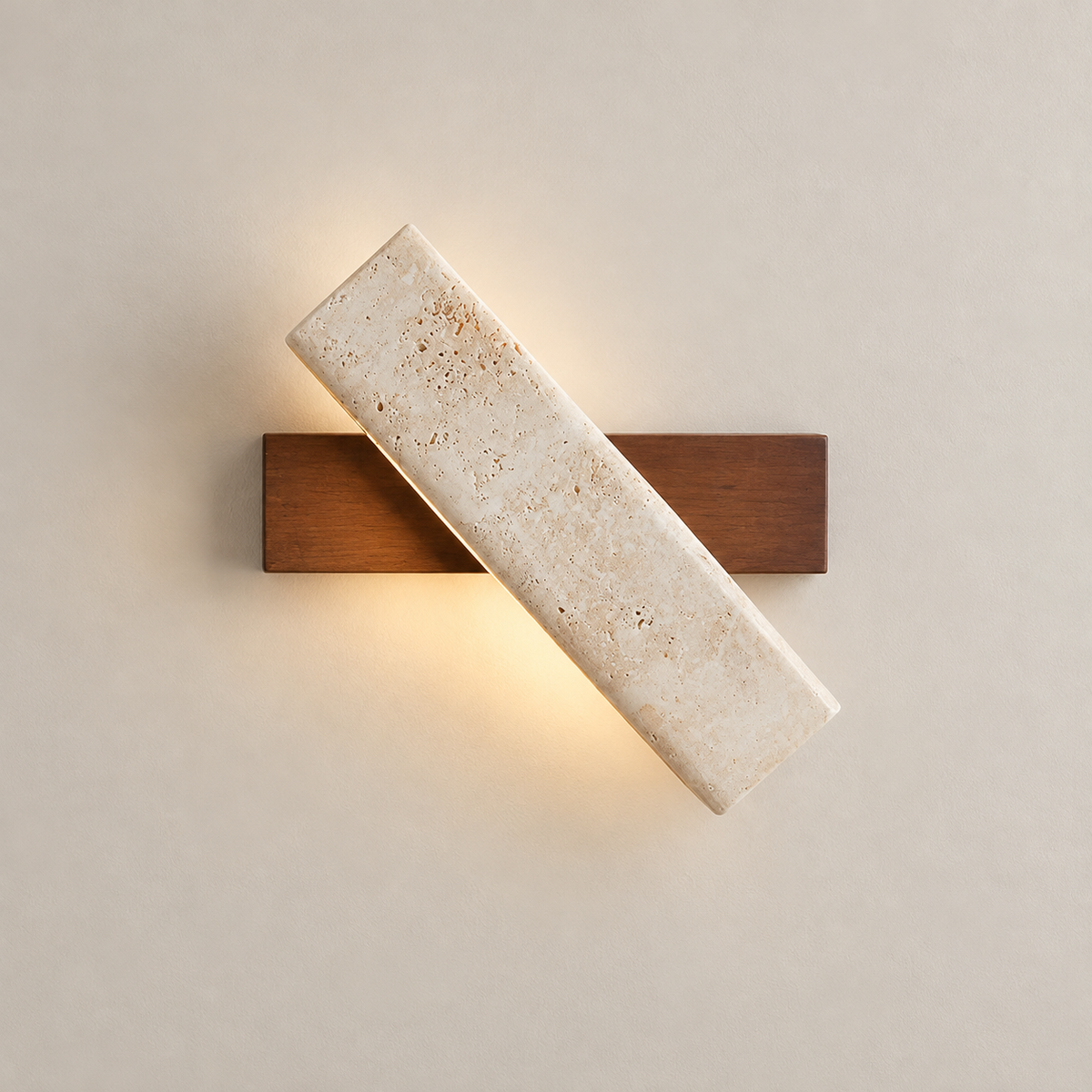 Axis Linear Travertine LED Wall Sconce on a warm greige background; Beige stone diagonal and walnut horizontal