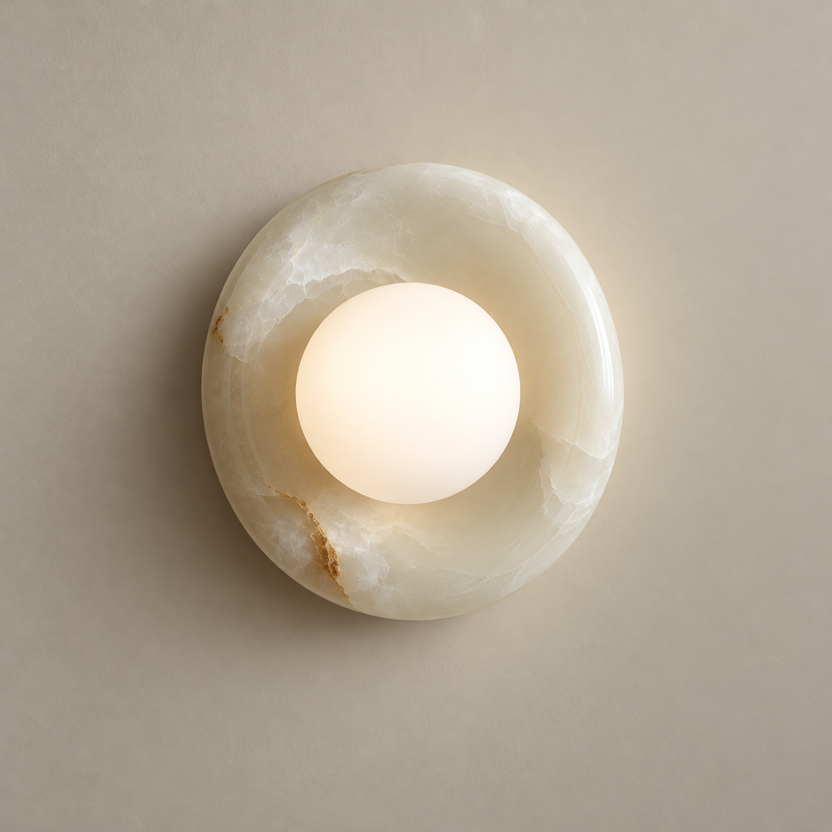 Orli White Onyx Globe Wall Sconce on a warm greige background; White onyx and white globe