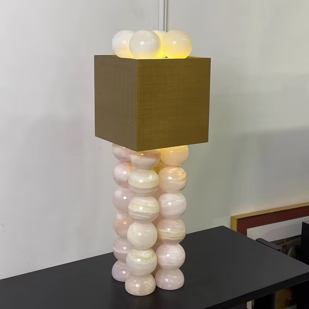 Atalaya Onyx LED Table Lamp — D 15cm x H 46cm / ∅ 5.9″ x H 18.1″ (Warm Light); Pink Onyx & Mirror Polished Brass
