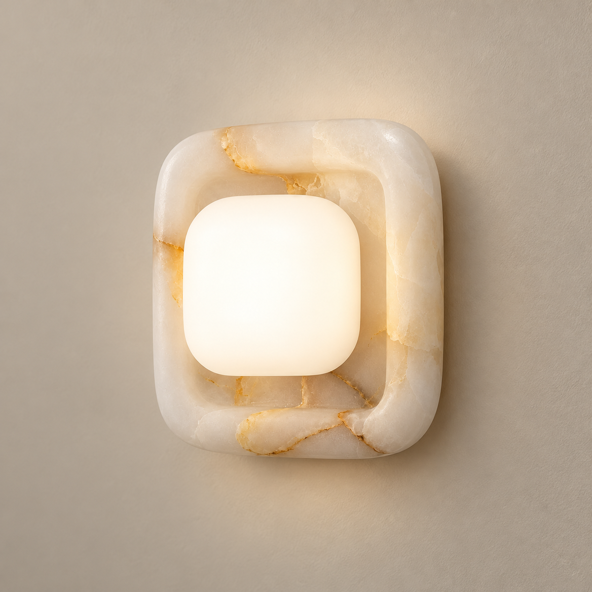 Quadra Onyx Wall Sconce with Glass Shade on a warm greige background; Quadra white onyx rounded square
