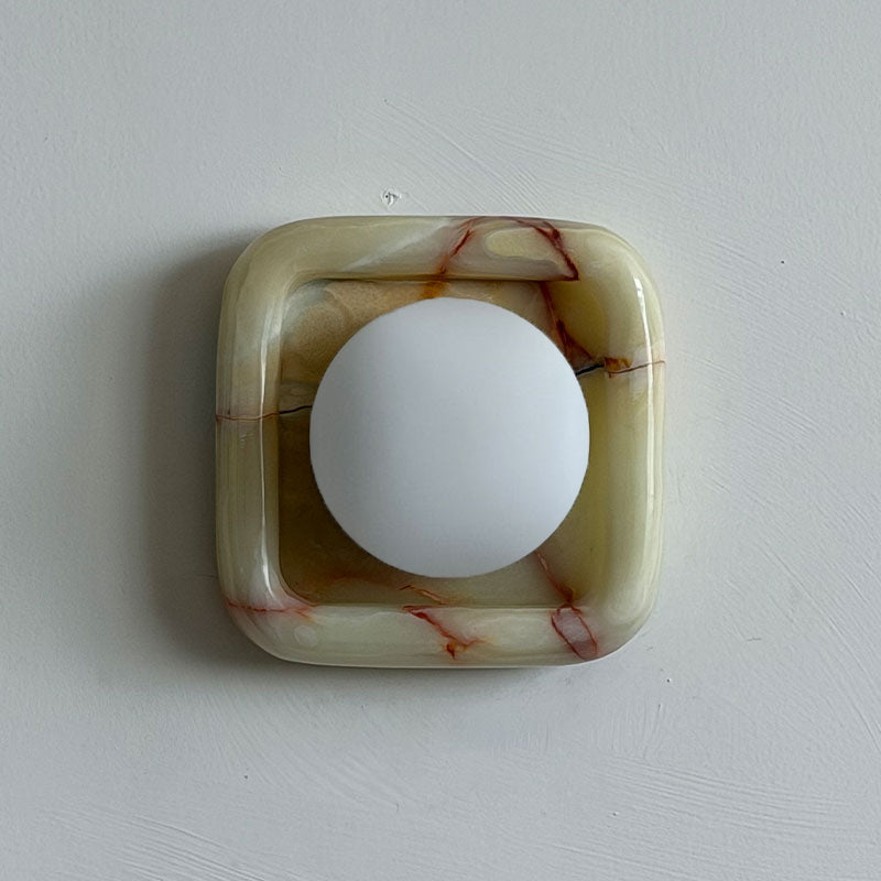 Quadra Onyx Wall Sconce with Glass Shade — L 16cm x W 9cm x H 16cm / L 6.3″ x W 3.5″ x H 6.3″; Cyan onyx; Glass oblate