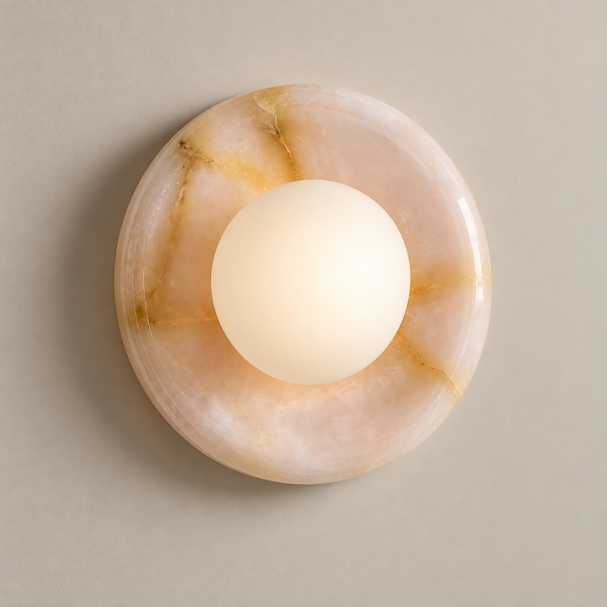 Orli Organic Modern Pink Onyx Wall Sconce on a warm greige background; Orli pink onyx round plate and white sphere